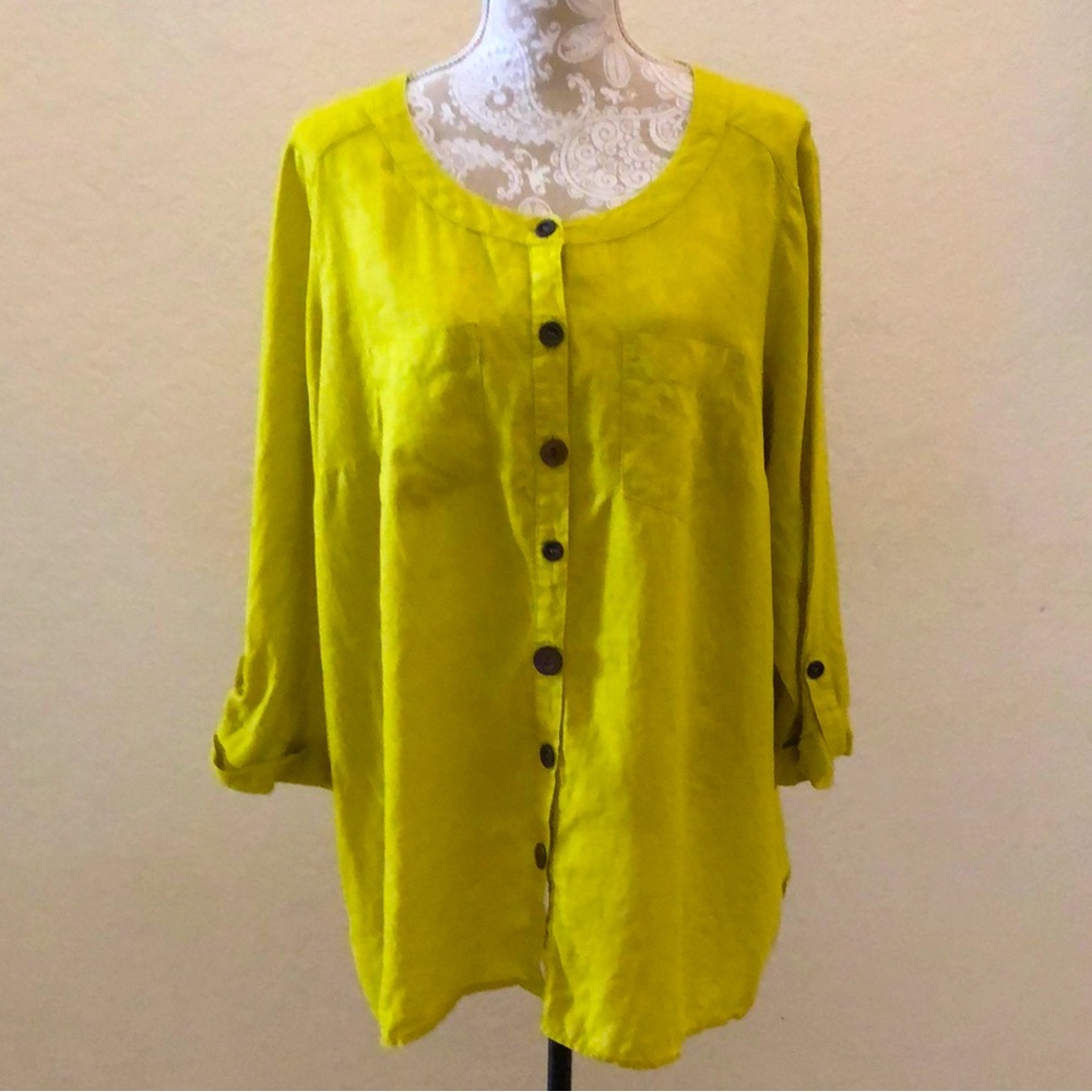 JM Collection 100% Linen button down blouse Chartreuse